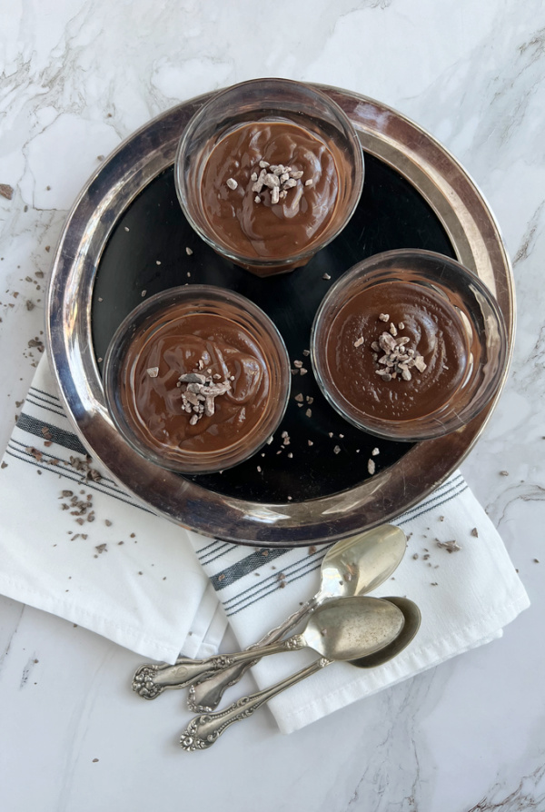 Creamy old fashioned mocha chocolate pudding in 3 glasses.