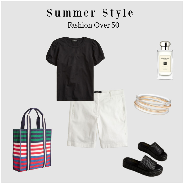 Fashion over 50 Summer Style Black & White with black shirt and shoes and white shorts. 