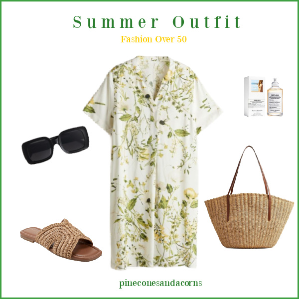 Summer outfit with a white dress with green flowers and leaves, a pair of black sunglasses, bottle of perfume next to a box, tan sandals and a bag.