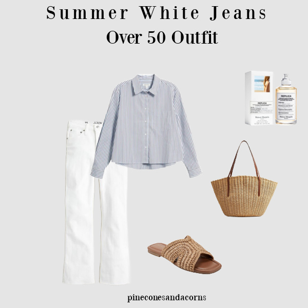 White Jeans summer outfits for Women Over 50 with a strip shirt, straw bag and sandals and a bottle of perfume.