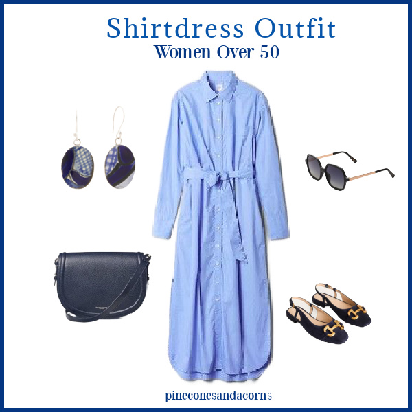 Women Over 50 blue shirtdress outfit collage with slingback sandals with gold buckles, a blue cross body bag, blue and white earrings, and a pair of sunglasses.