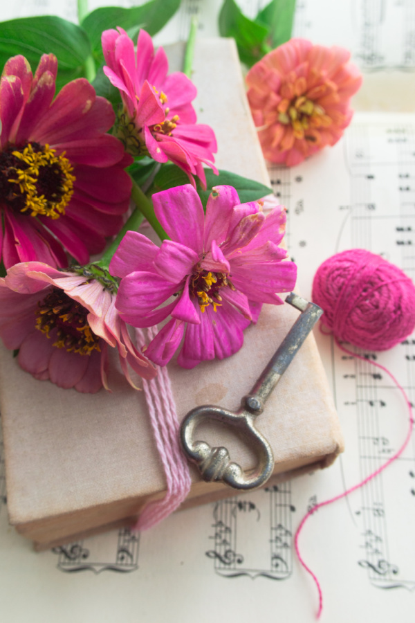 pink zinnia flowers with a book.