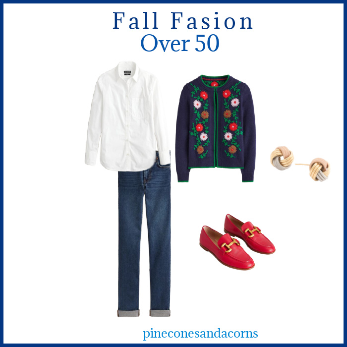 Fall Fashion Over 50 Boden Flower Sweater with red flowers, white shirt and jeans and red shoes.