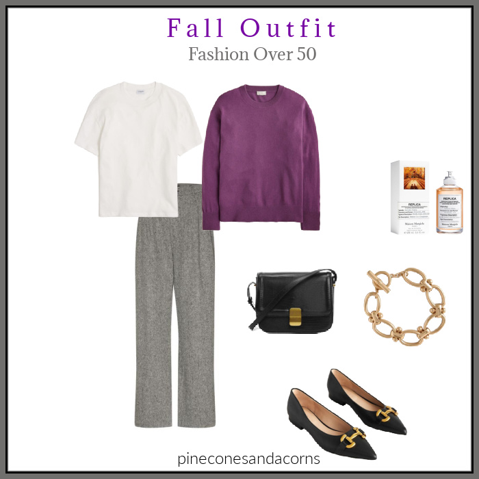 Fall outfit gray tweed pants white t-shirt purple sweater.