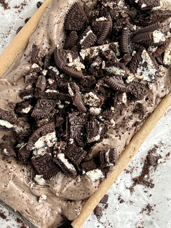 cookies and cream ice cream in a loaf pan.