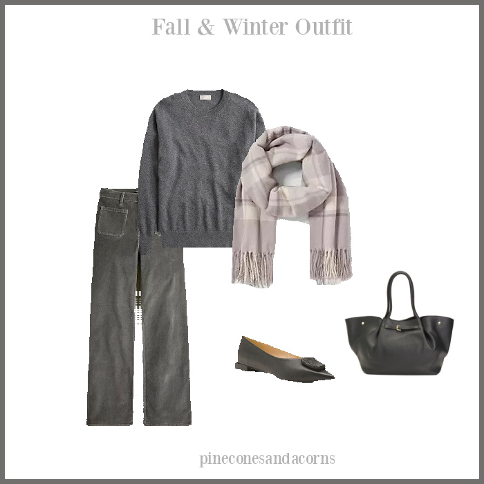 Fall and winter outfit Fashion over 50 gray corduroy and sweater with pink and gray scarf