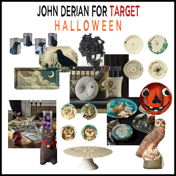 John Derian for Target Halloween product collage with plates, glasses, pillows and trays.