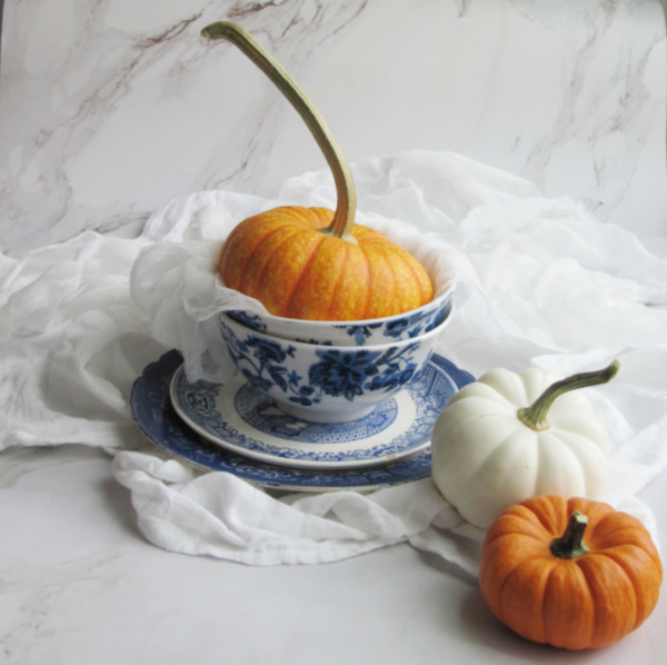 orange and white pumpkins in and next to blue and white bowls