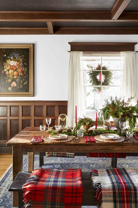 plaid throws at a dining table. 