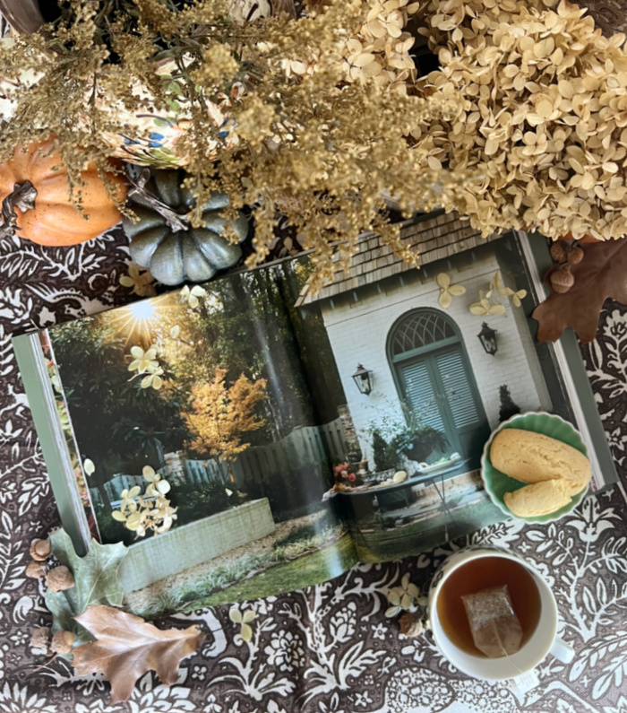 Fall flatlay book, coffee, cookies, dried hydrangeas.