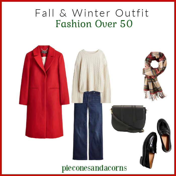 Fashion over 50 red coat outfit for fall and winter, jeans, white sweater, plaid scarf and black loafers and bag.