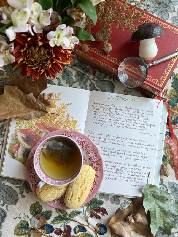 October flatlay with book cup of tea and flowers.