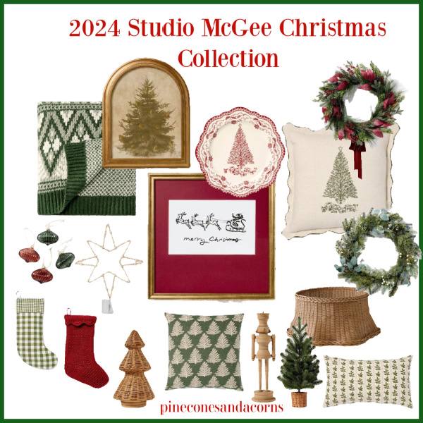 2024 Studio McGee Christmas Collection collage with stockings, trees, wreaths, art. 