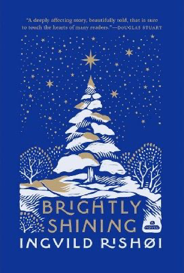 brightly shining book cover, blue with a white christmas tree.