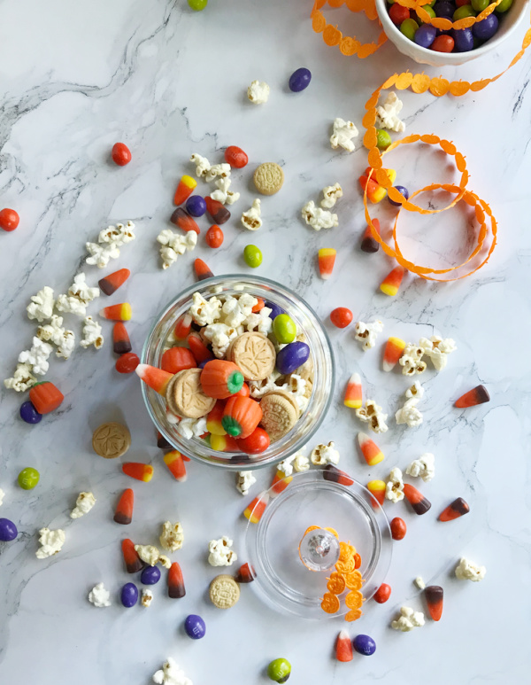 fall popcorn snack mix and candy corns