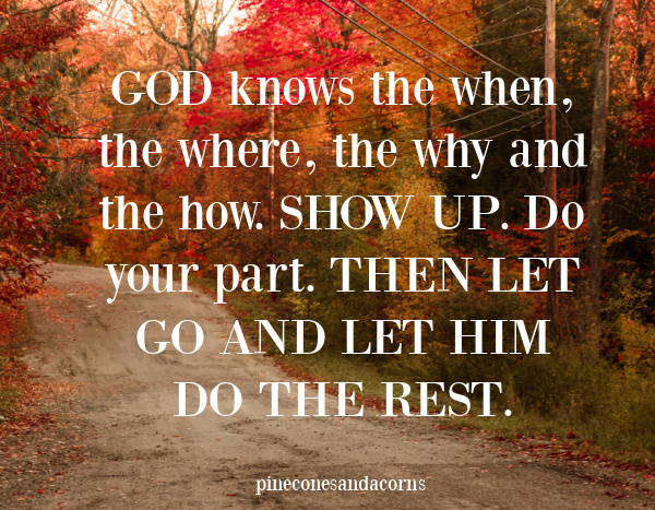 GOD knows the when, the where, the why and the how. SHOW UP. Do your part. THEN LET GO AND LET HIM DO THE REST.