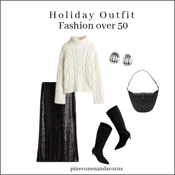 Holiday Outfit Fashion Over 50, black sequined skirt, white sweater, black boots and bag and silver earrings.
