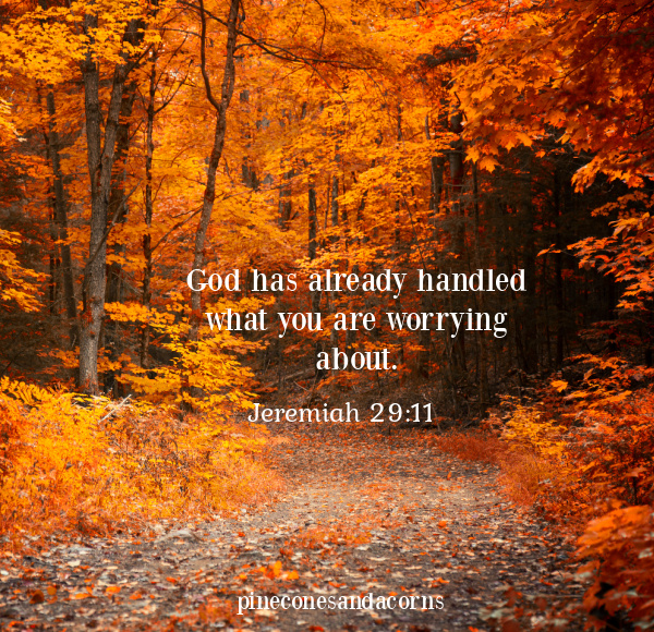 Jeremiah 29_11 God has already handled what you are worrying about text overlay on a fall landscape.