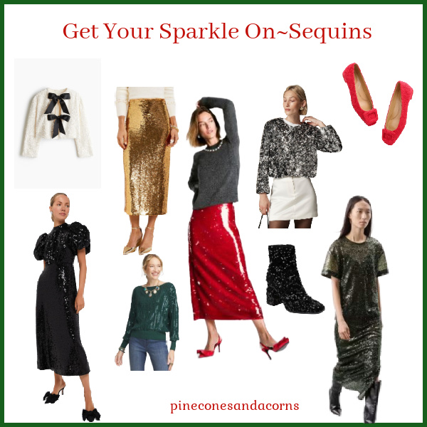 Sequins Clothing Collage, skirts, shoes, dresses, shirts, in red, black, green and white.