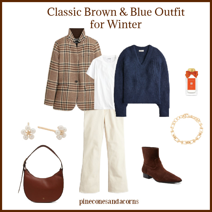 classic brown and blue outfit for winter with a blue sweater and brown tweed coat.