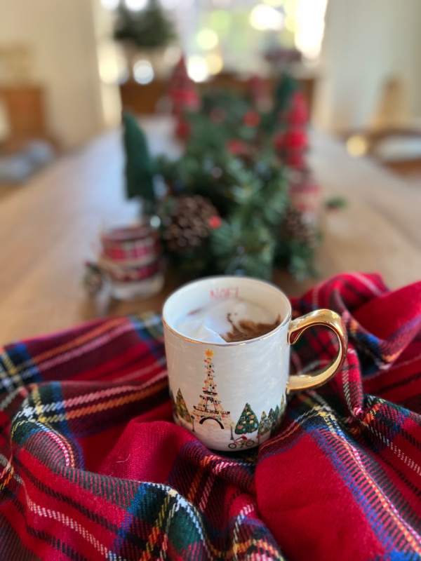 cup of hot chocolate and a plaid table runner
