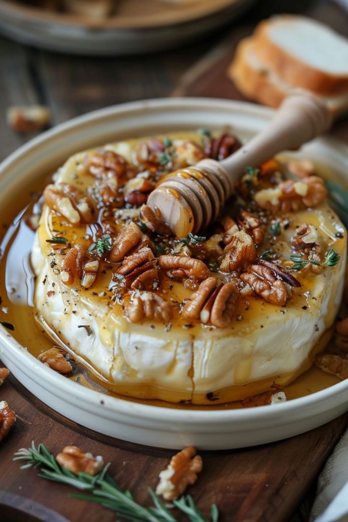 Baked Brie with honey and nuts. 