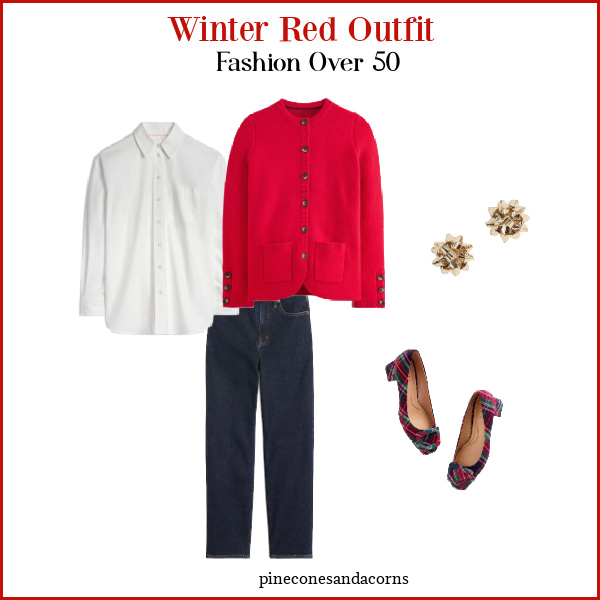 Fashion Over 50 Red Sweater Outfit with plaid shoes