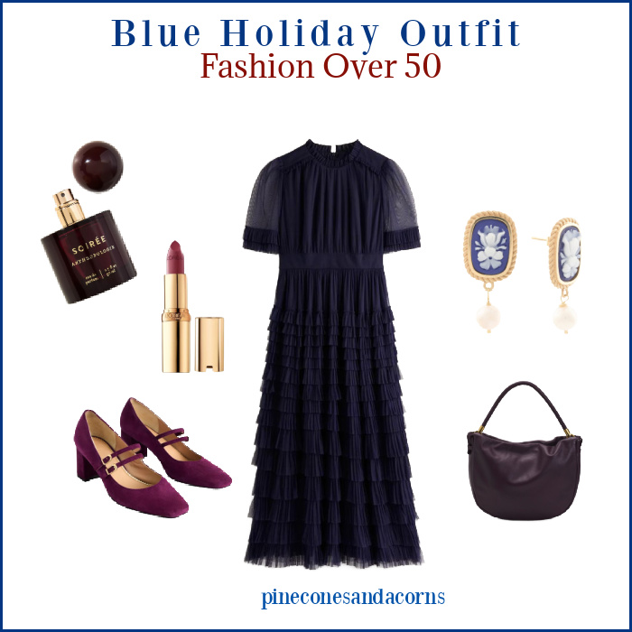 Fashion over 50 Blue and Burgundy Holiday Outfit, with blue dress, burgundy shoes and bag, lipstick, perfume and blue and white flower earrings.