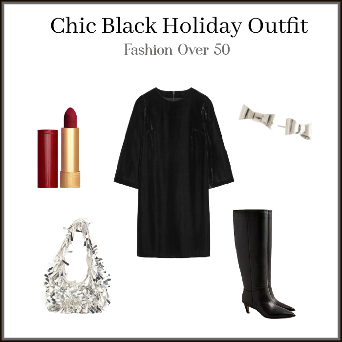 Fashion over 50 Chic Black Holiday Outfit with black velvet dress and silver bow earrings and silver bag.