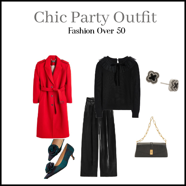 Fashion over 50 New Yeas Eve party outfit with a red coat, black pants and sweater and plaid shoes.