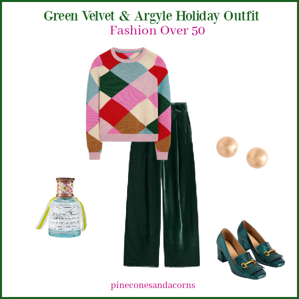Green velvet and colorful argyle sweater holiday outfit fashion over 50.