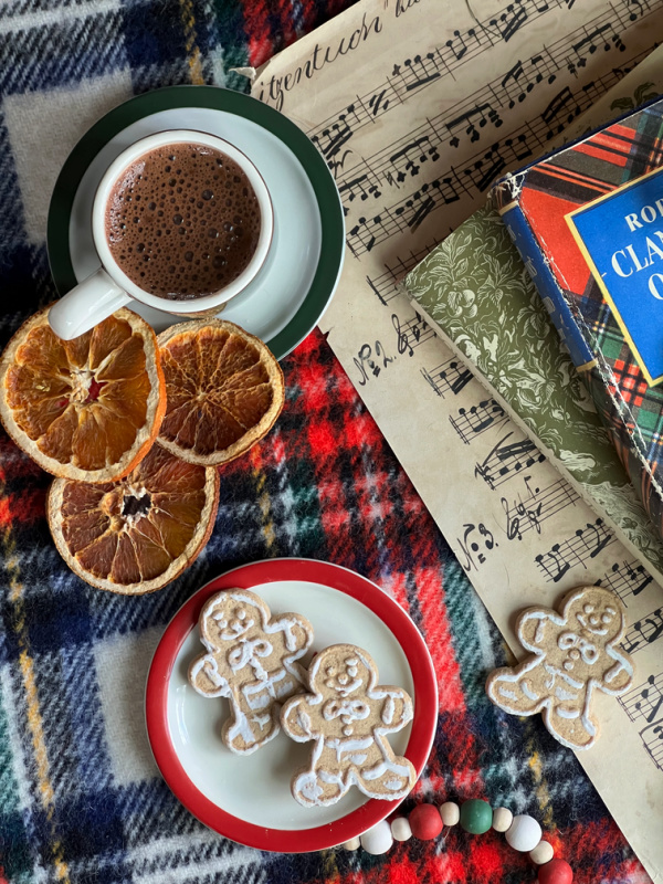 flatlay gingerbread cookies and hot chocolate