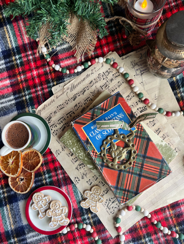 Tartan throw, tartan book and tartan cup of hot chocolate.