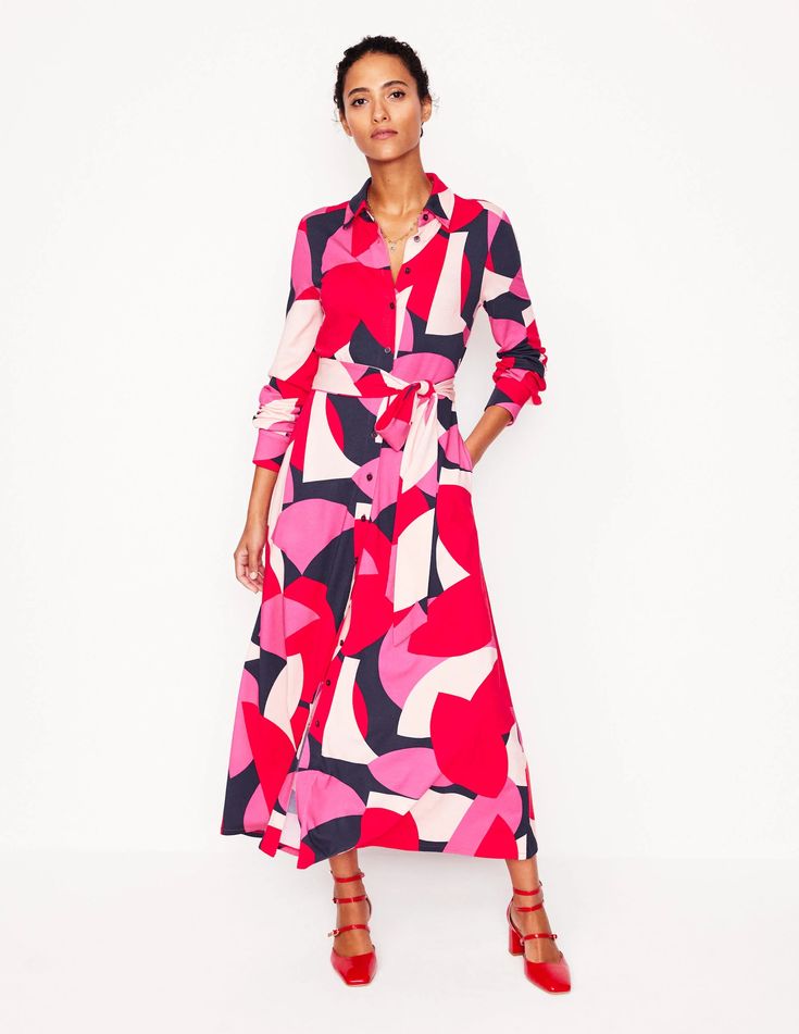 pink, red, blue and white geometric dress from Boden.