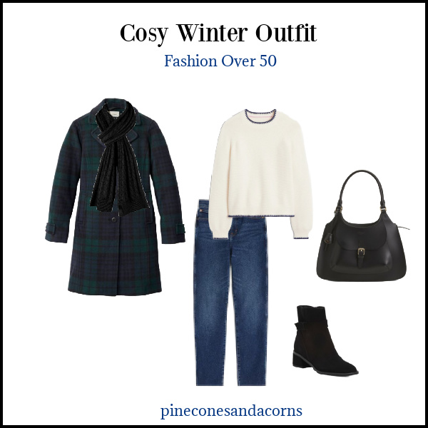Cosy winter outfit with LL Bean plaid coat, jeans, white Boden sweater with black pipping and black boots, bag and sweater.