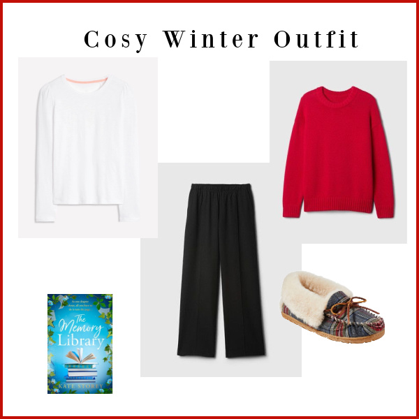 Cosy winter outfit black sweats, red sweater, white t-shirt, plaid slippers and a book.