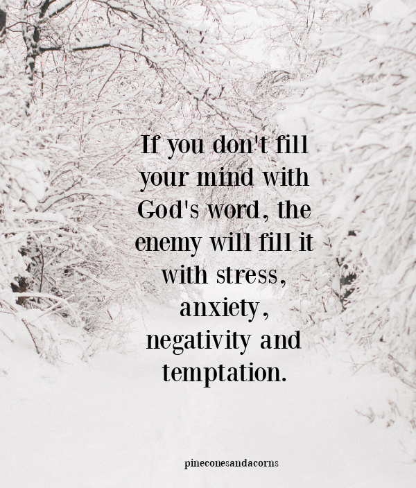 If you don't fill your mind with Gods word, the enemy will fill it with stress, anxiety, negativity and temptation overlay on a snowy image of the woods.