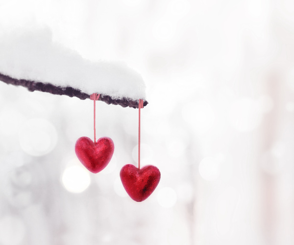 Two red hearts on a string