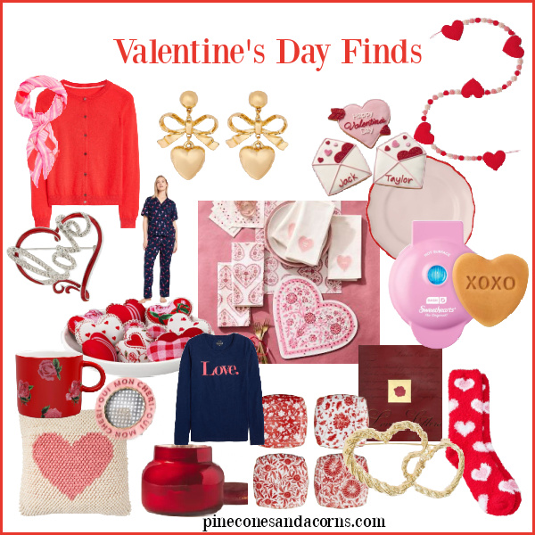 Valentine's Day Gifts and Finds collage with cookies, heart jewelry, books, socks, pillows, jewelry.