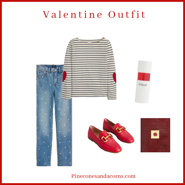 Valentine's Day outfit with heart shirt, jeans and perfume with red shoes.