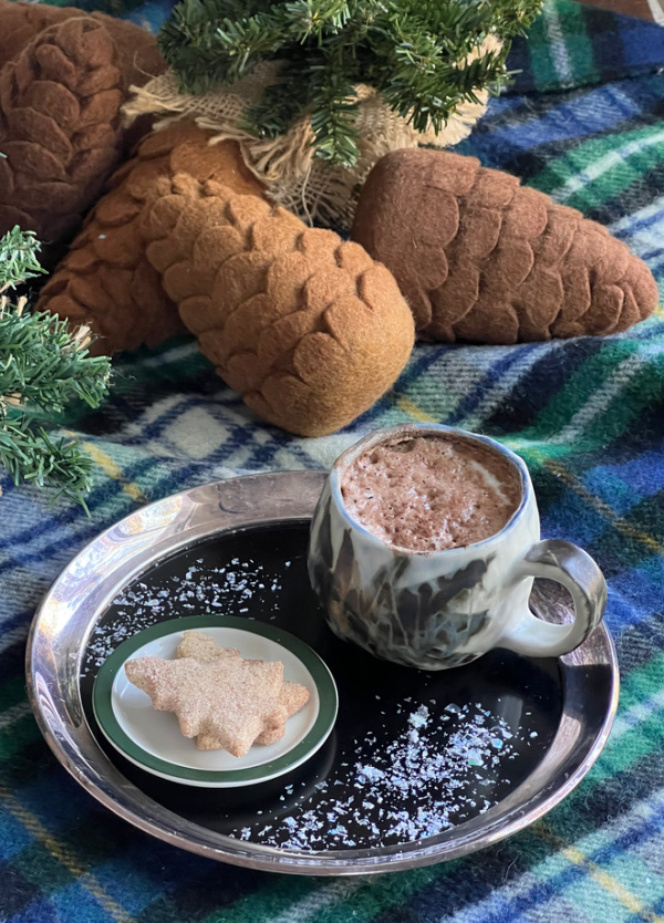 hot chocolate, felted pinecones and a little pine on a plaid blanket.