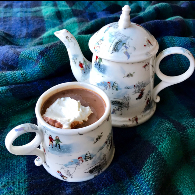 hot chocolate in a cup with a small chocolate pot sitting on a green plaid blanket.