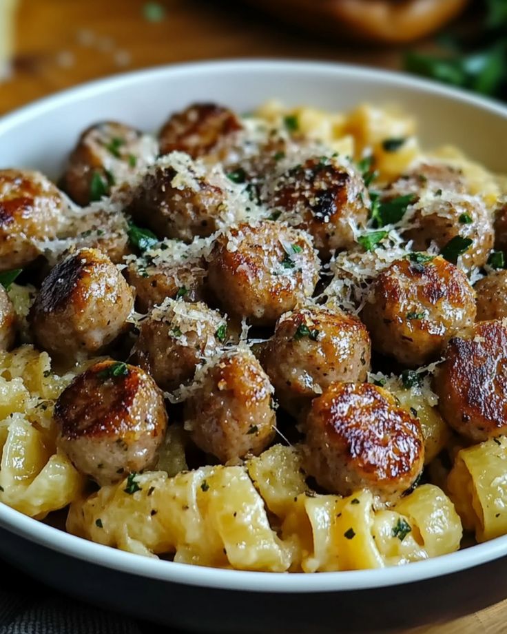 Garlic Butter Sausage Bites with Creamy Parmesan Pasta. 