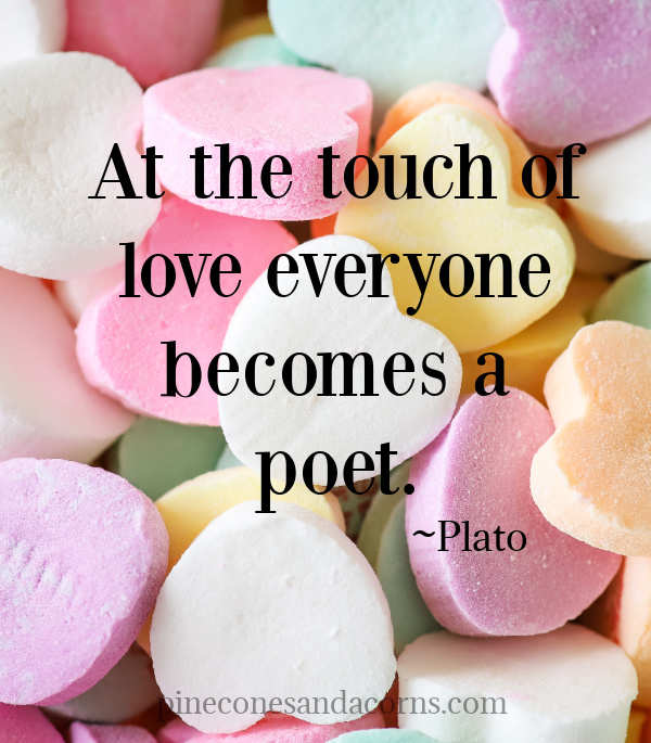 Quote Plato At the touch of love everyone becomes a poet overlay on colorful candy Valentine hearts.