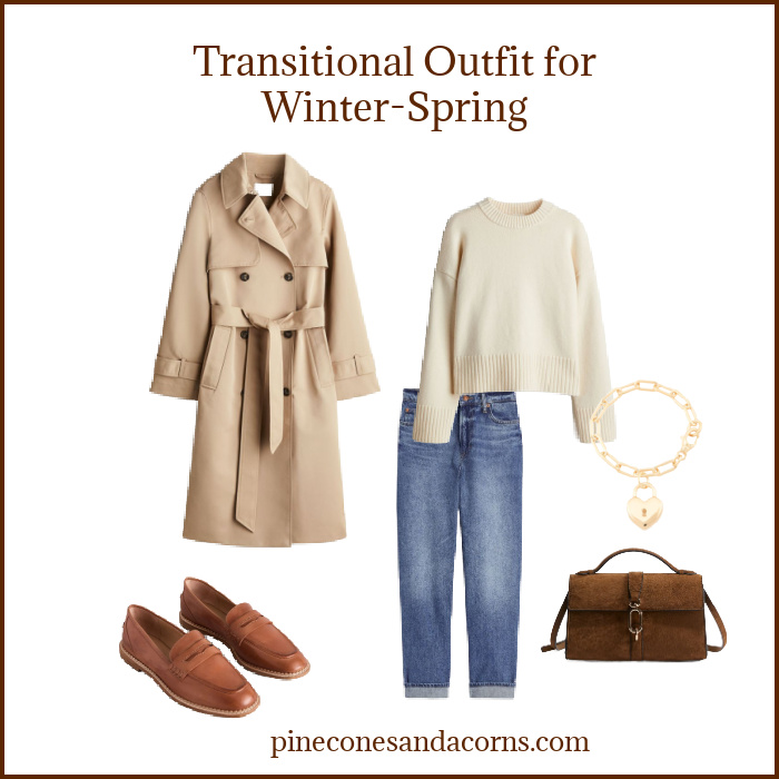 Transitional Outfit Winter to Spring Fashion Women over 50 with jeans, white sweater, brown loafers and bag and a trench coat.