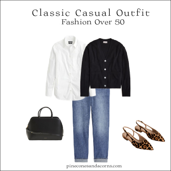 classic casual outfit with leopard sling backs.