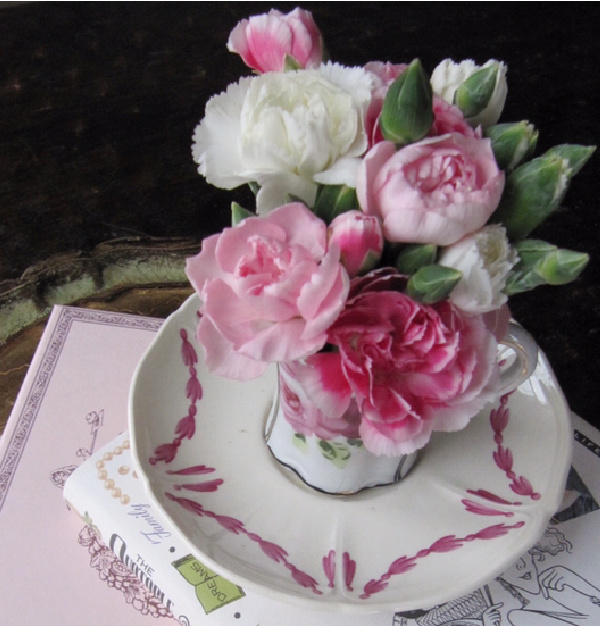 mini pink carnations in a pink and white cup, sitting on a white and pink saucer on two books.