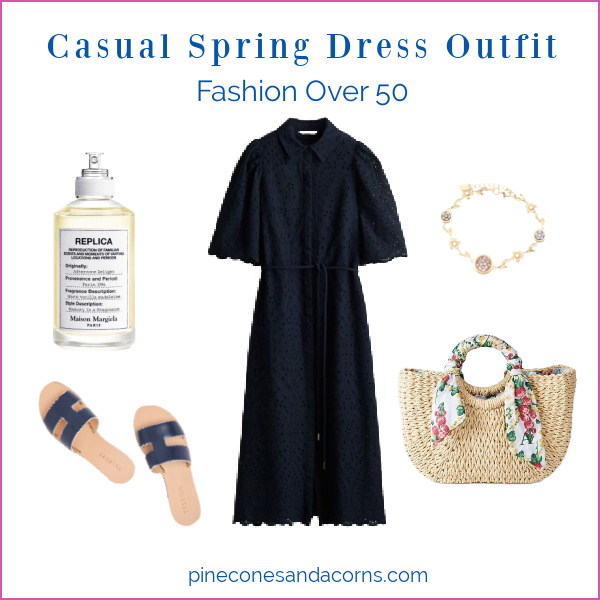 Casual spring dress outfit fashion over 50 with a wicker tote and sandals.