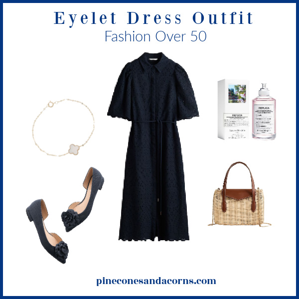 Fashion over 50 blue Eyelet dress outfit with blue shoes with a flower, a richer bag with leather accent and perfume. 