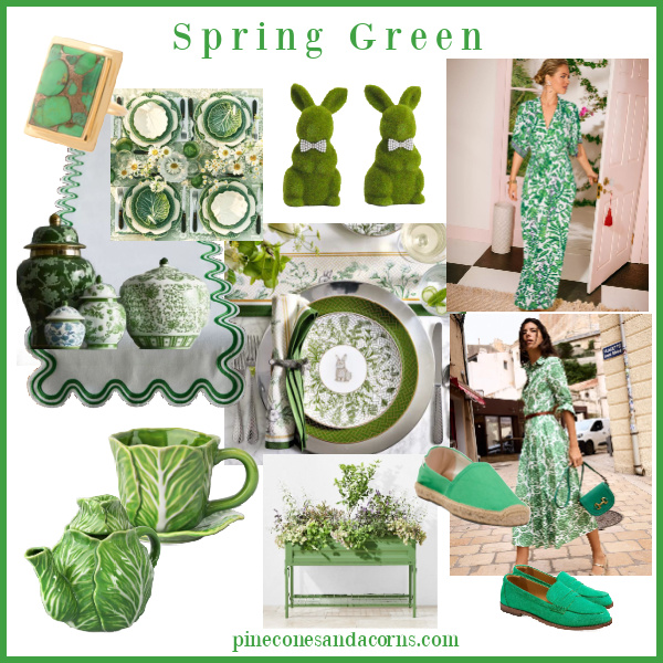 Spring Green Fashion, Tabletop, and Interiors collage. 